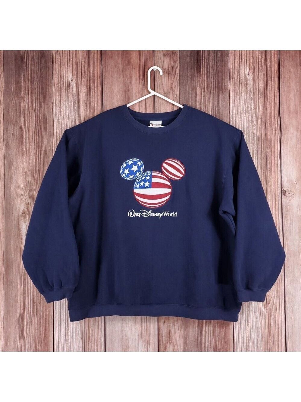 Vintage Walt Disney World XXXL Blue Mickey Mouse USA Flag Embroidered Sweatshirt